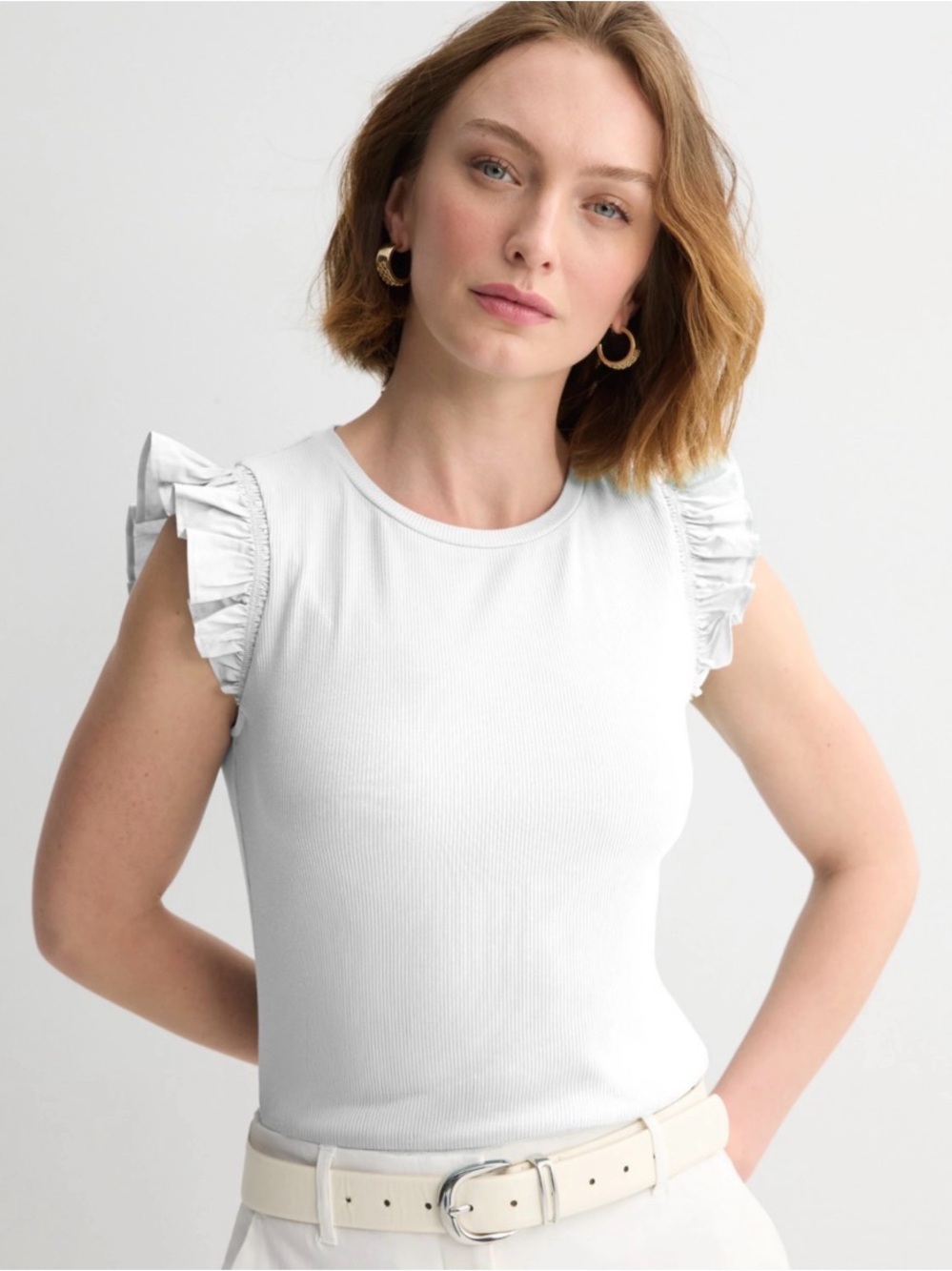Ophelia Roe Brand Women's White Ruffled Sleeve Top Size L
